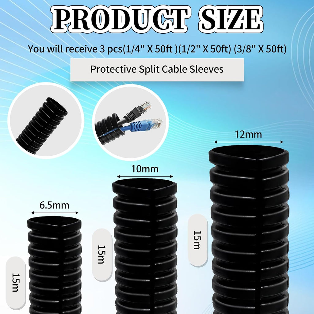 Split Loom Wire 1/4" X 50ft, 1/2" X 50 ft, 3/8" X 50 ft Electric Wires Covers Flexible Wire Loom Tubing Dog Cat Cord Protector Split Cable Sleeves (50ft)