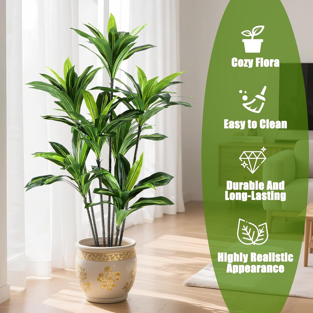 Dracaena Artificial Plant Indoor 5FT - Large Tropical Fake Tree with Lifelike Leaves - Tall Faux Floor Plant in Pot - Artificial Dracaena Tree Indoor for Home Office Living Room Decor