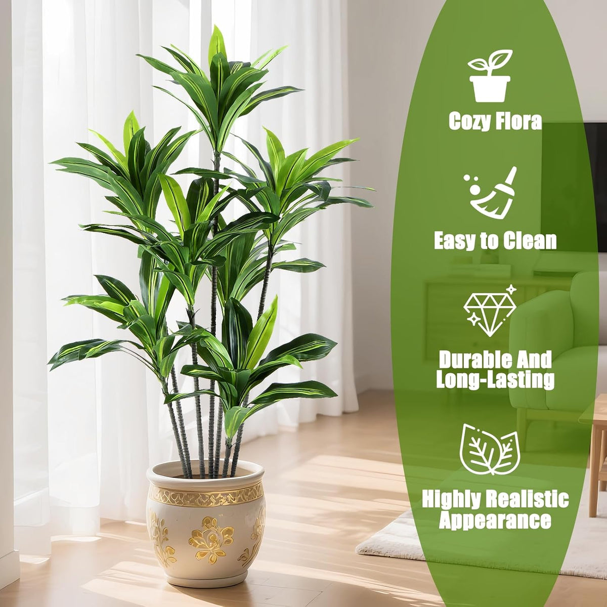 Dracaena Artificial Plant Indoor 5FT - Large Tropical Fake Tree with Lifelike Leaves - Tall Faux Floor Plant in Pot - Artificial Dracaena Tree Indoor for Home Office Living Room Decor