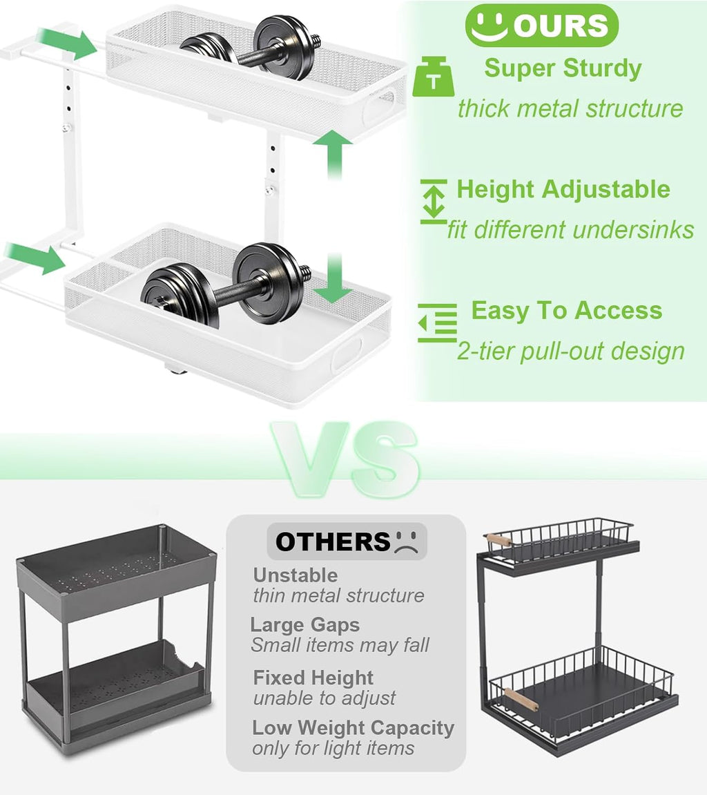 Under Sink Organizer, High Adjustable 2 Tier Under Sink Organizers and Storage, Slide out Metal Cabinet Organizers, Pull out Storage Drawer Shelf for Kitchen Bathroom Cabinet (White-1 pack)