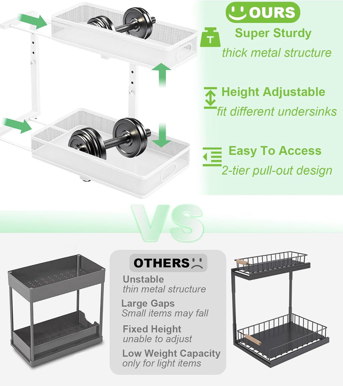 Under Sink Organizer, High Adjustable 2 Tier Under Sink Organizers and Storage, Slide out Metal Cabinet Organizers, Pull out Storage Drawer Shelf for Kitchen Bathroom Cabinet (White-1 pack)