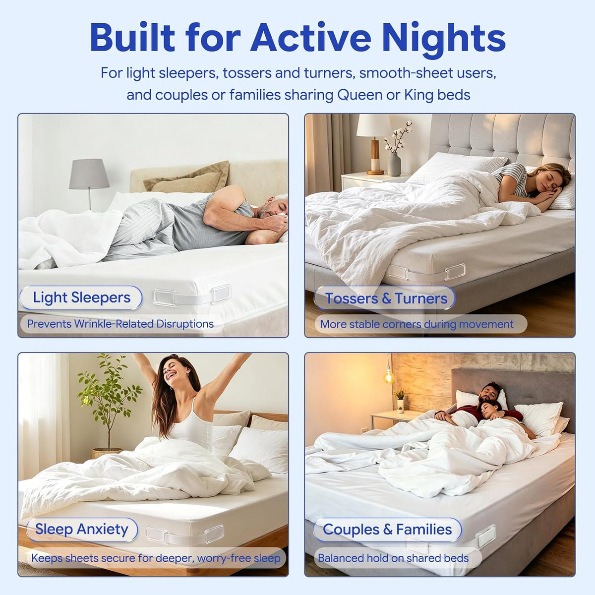 Lock Bed Sheet Holders for Corners: 0 Slips All Night for Fitted Sheets