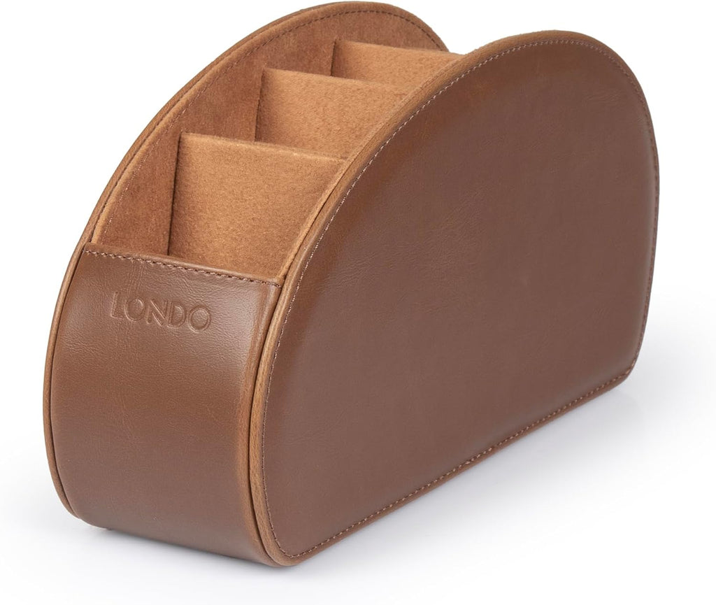 Londo PU Vegan Leather Remote Control Holder with 5 Pockets, Nightstand Caddy & Bedside Organizer for TV, DVD, Blu-Ray, Roku, Apple TV Remotes, Phones, Glasses — Suede Lined Gift for Dad, Light Brown