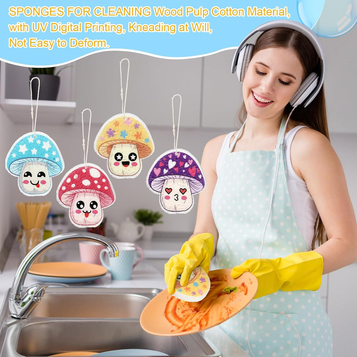 Newtay 8 Pack Compressed Dish Sponges Non-Scratch Reusable Cute,Mushroom
