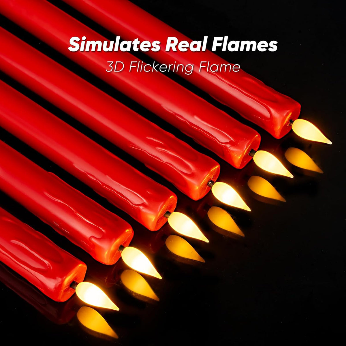 Homemory 6 Pcs Real Wax Made Flameless Taper Candles with Remote and Timer, Red Battery Operated Candlesticks Flickering, 9.6" Led Taper Candles with Lifelike Flame for Xmas Home Date Decor