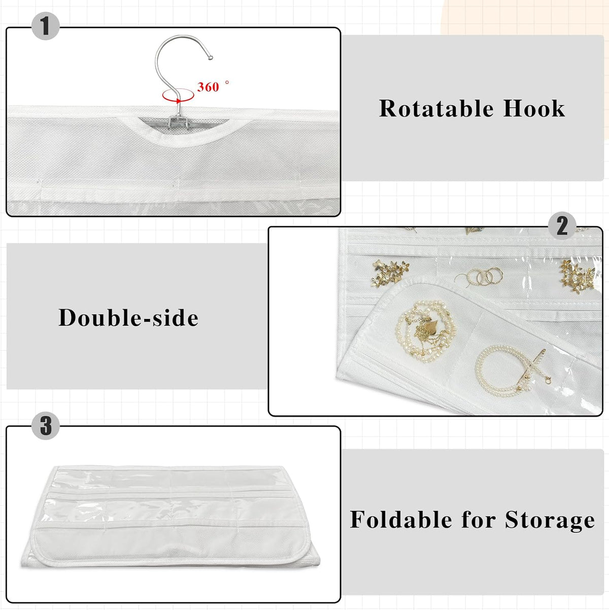 2-Pack Hanging Jewelry Organizer 80-Pocket Dual-sided Jewelry Storage for Jewelry Earring Necklace Bracelet Ring Storage Travel Holder, White