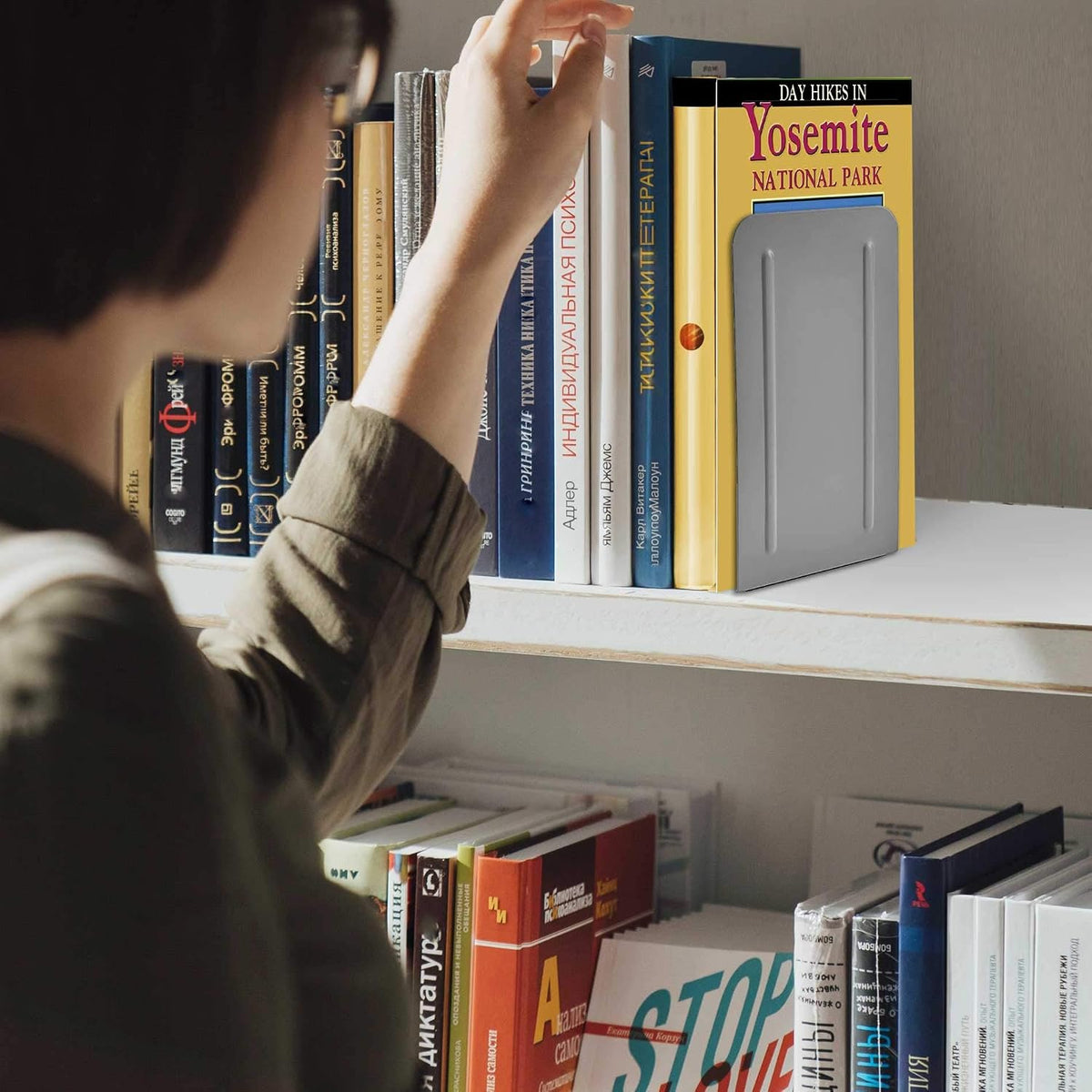 Acrimet Bookends for Shelves, Non-Skid Book Holder, Heavy Duty Book Stopper, Steel Metal Book Ends Storage for Home, Library, 6 7/8" H x 4" W x 4 1/2" D (Silver) (1 Pair / 2 Pieces)
