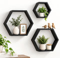 AHDECOR Wall Mounted Hexagon Floating Shelves, Wooden Wall Organizer Hanging Shelf for Home Decor, Set of 3, Black
