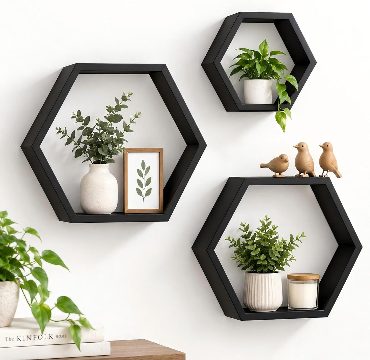 AHDECOR Wall Mounted Hexagon Floating Shelves, Wooden Wall Organizer Hanging Shelf for Home Decor, Set of 3, Black
