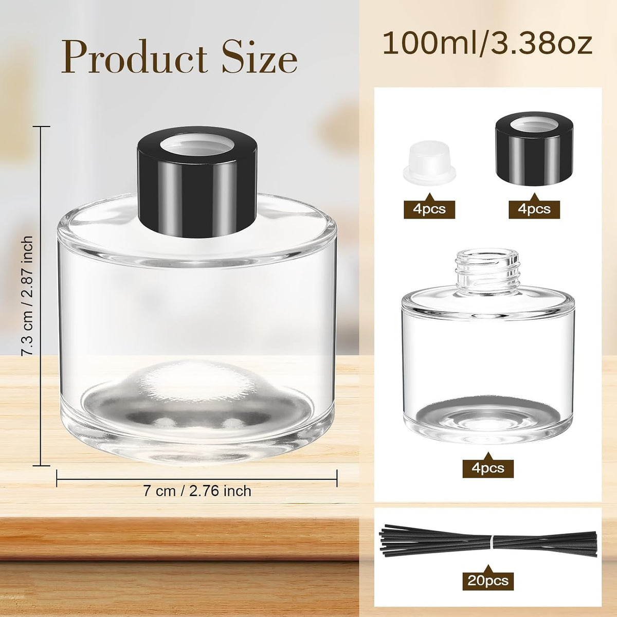 Chunful 4 Set Reed Diffuser Bottles, 100ml Glass Jars with Stick, Clear