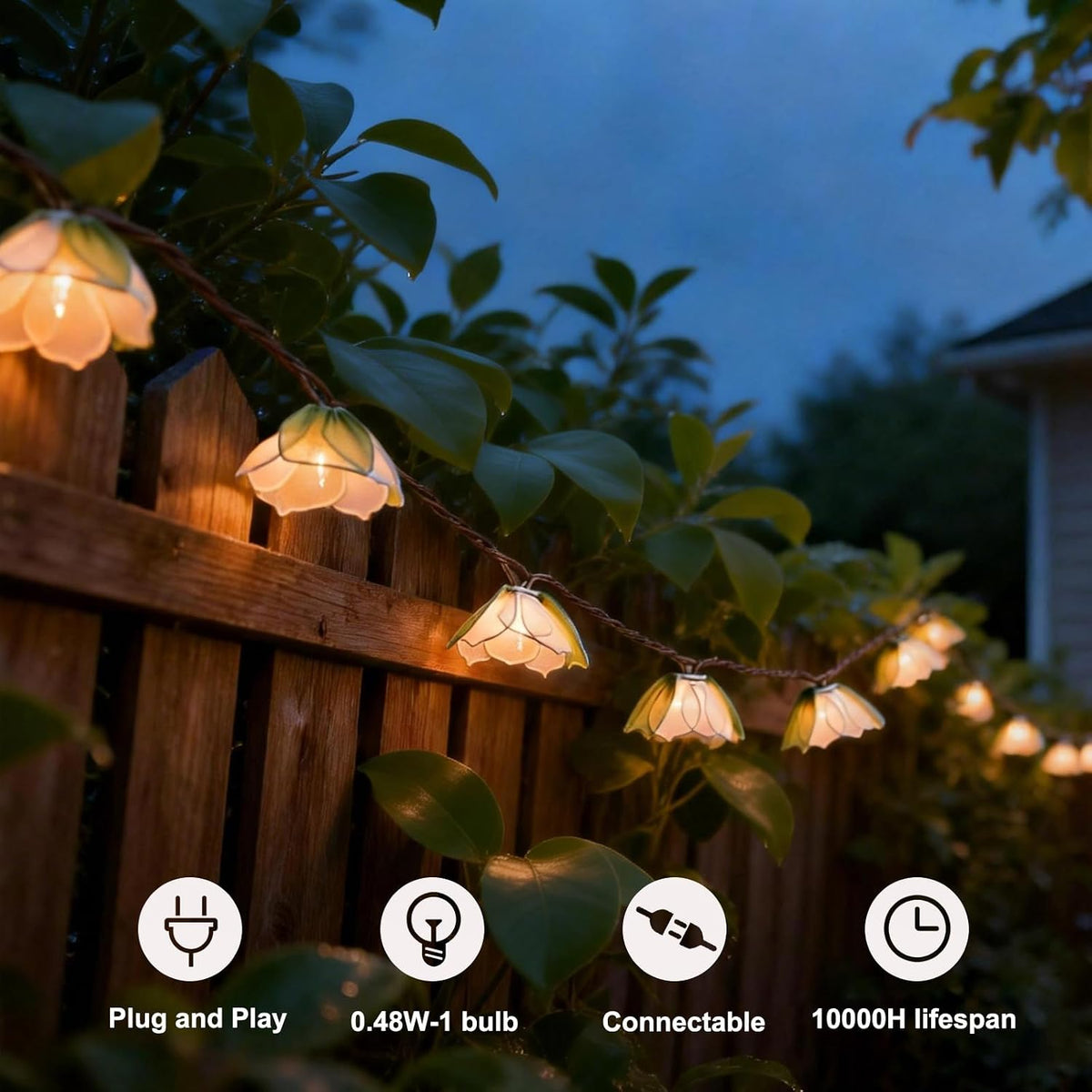 TWINKVILLA Decorative String Lights Plug in with 10 Bulbs, Flower Garland Fairy Lights Connectable Weatherproof Outdoor Indoor for Wedding Pergola Bedroom Porch Floral Home Decor (Green White)