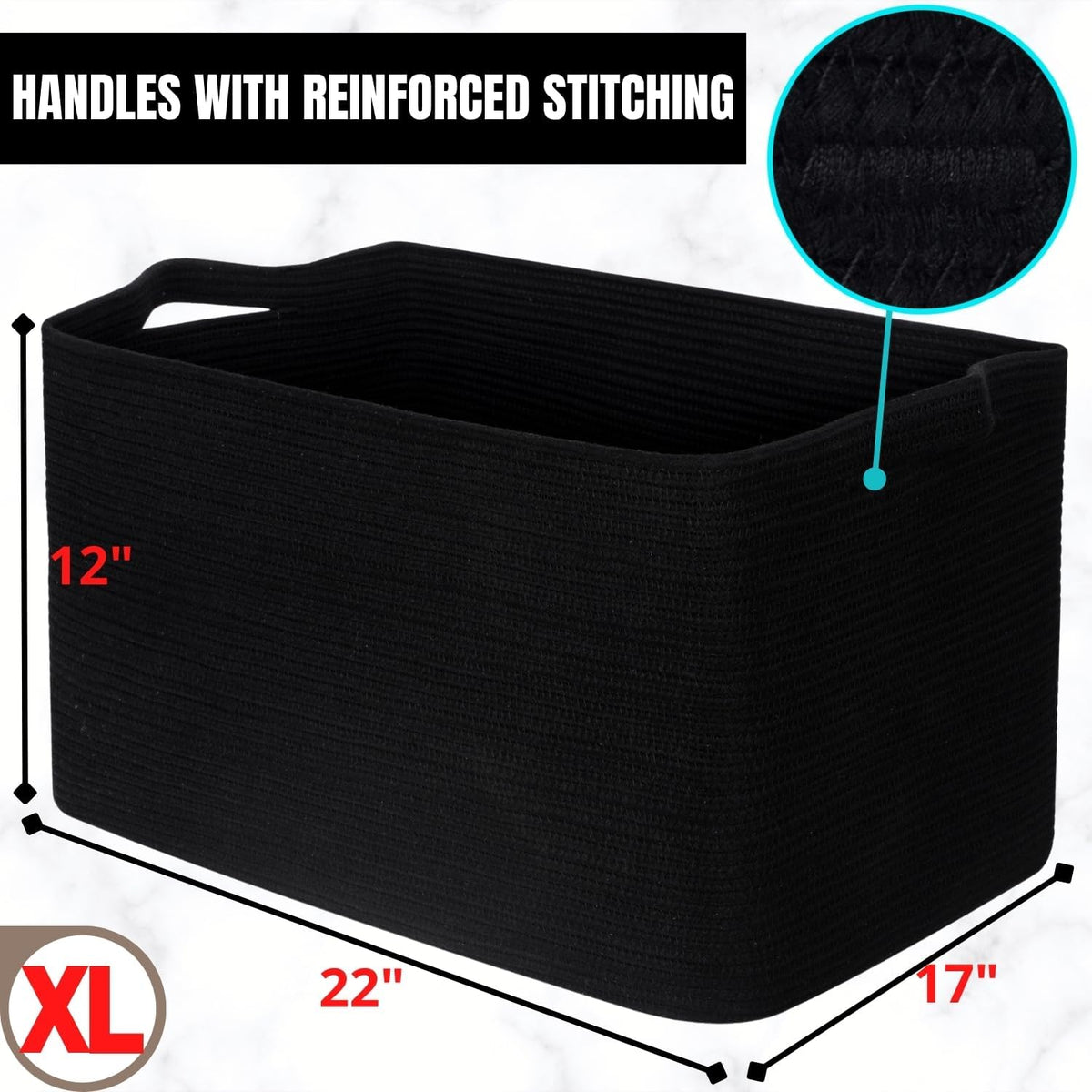 MINTWOOD Design 22in Extra Large Blanket Basket Holder Living Room, Rectangle Rope Woven Storage Basket with Handles for Laundry, Pool Towels, and Shoes, Dog Toy Organizer Bin Box, Full Black