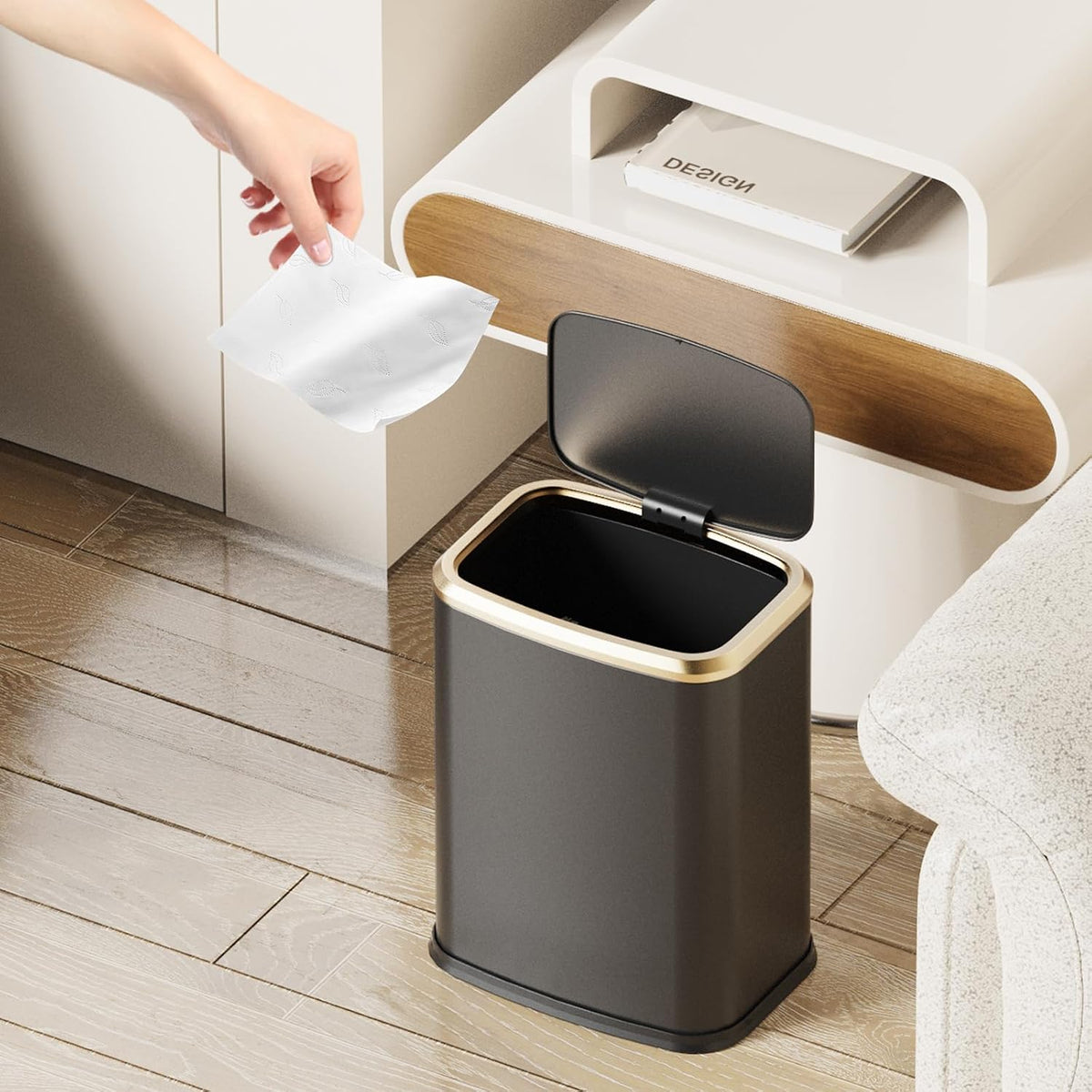 2.1 Gallon Bathroom Trash Can with Lid Press Top, 8 Liter Stainless Steel Garbage Can with Press Type Lid, Slim Trash Bin Waste Basket for Toilet, Office, Bedroom, Living Room (Black)