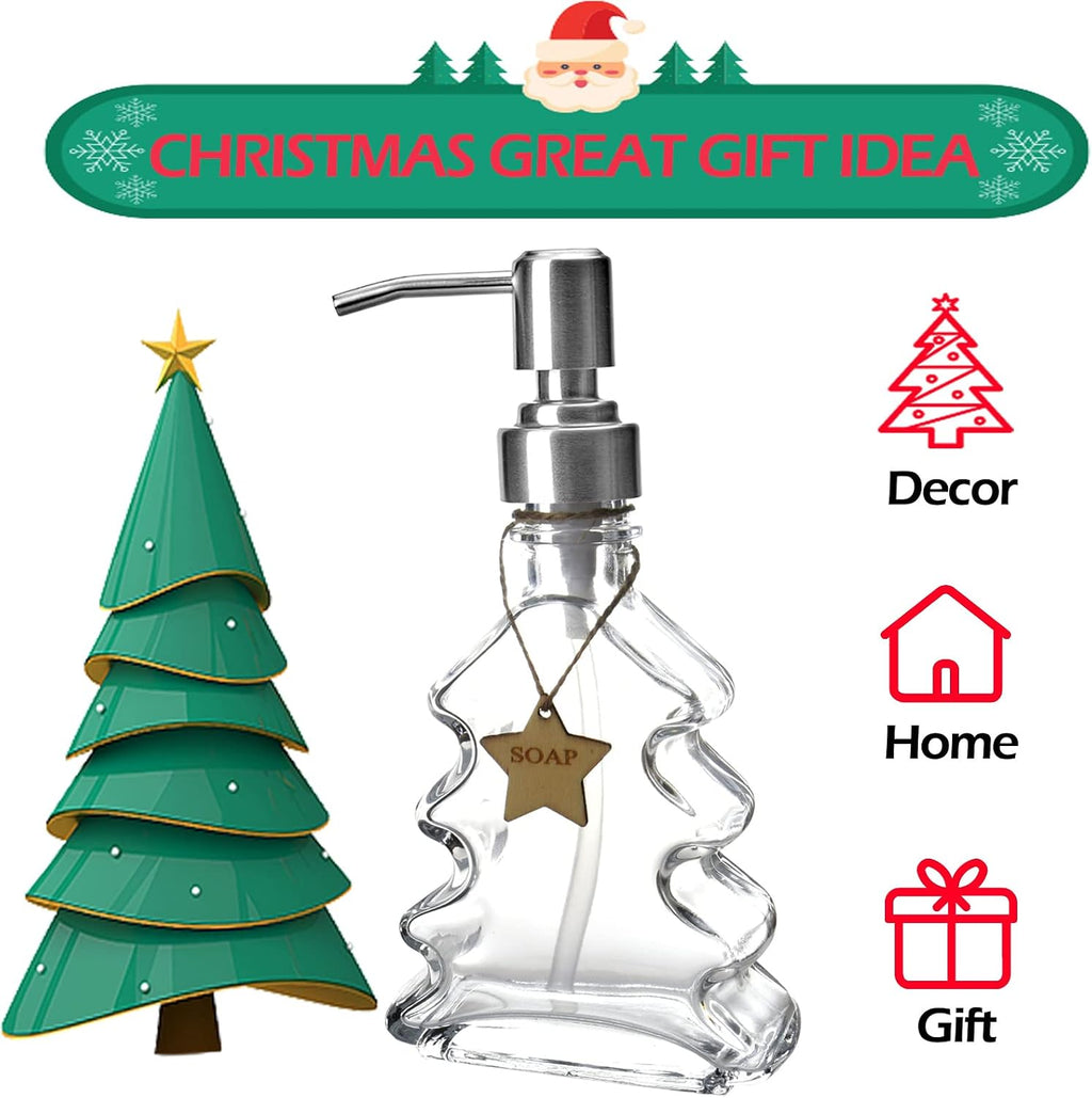 Christmas Tree Soap Dispenser, Glass Soap Dispenser with Sliver 304 Rust Proof Pump, Christmas Tree Shaped Great for Xmas Decor, Hand Soap, Dish Soap, Kitchen, Bathroom