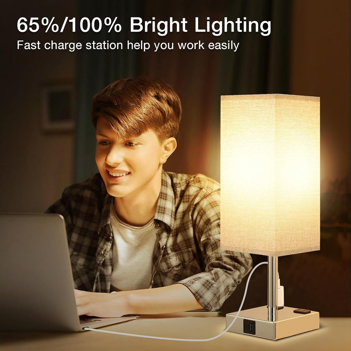 Light Grey Touch Lamps Set for Bedroom - Dimmable, USB C+A, 2 AC Outlets