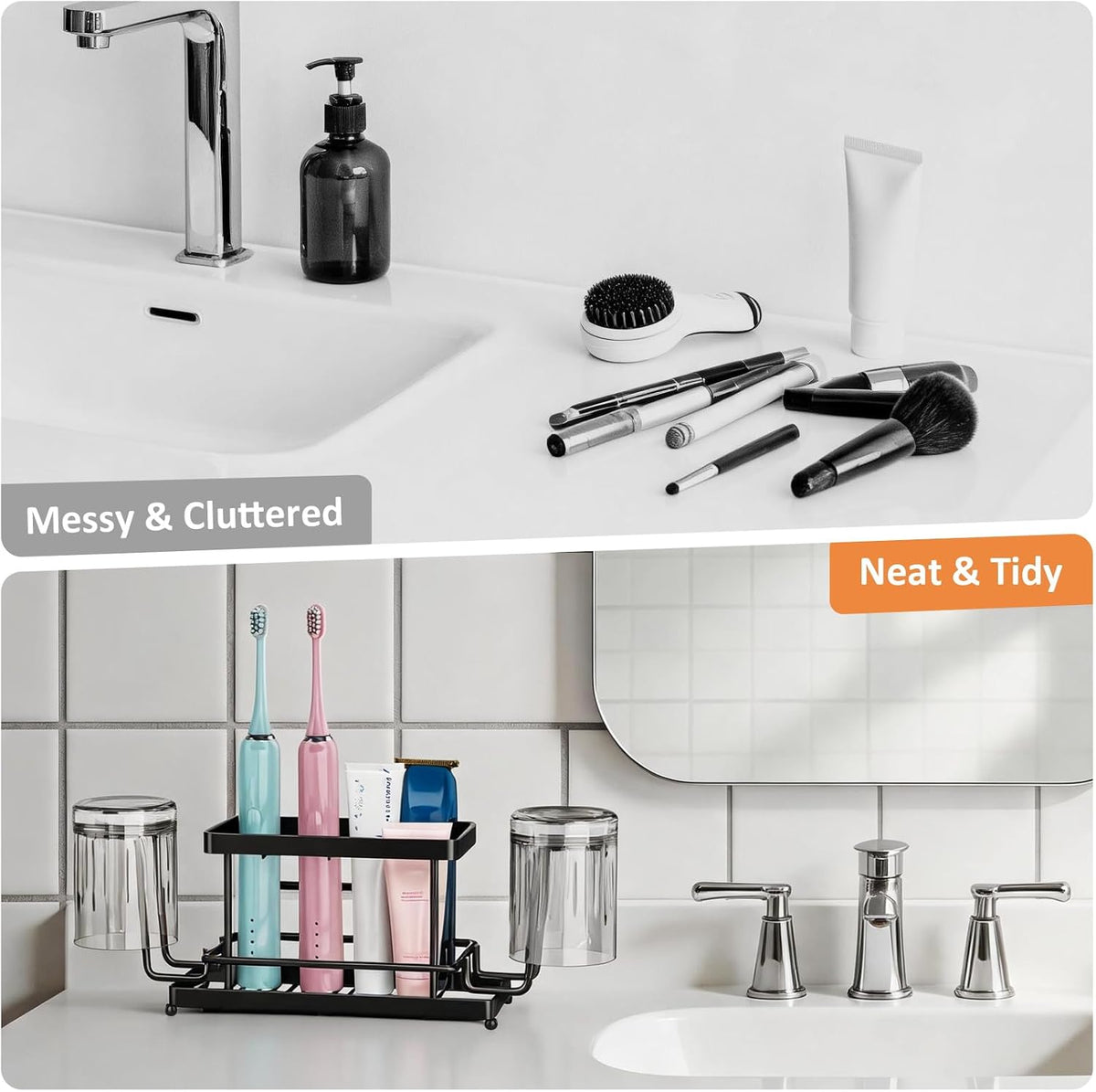Toothbrush Holder, Wall Mount & Countertop, 2 Cup Hooks Black Metal