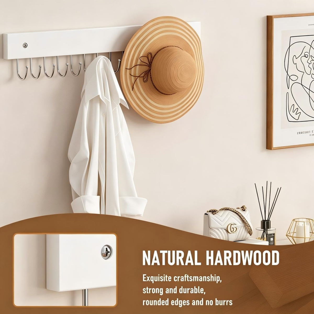 4Pack Necklace Wall Holder Wooden Mount Bulk with 56 Hooks White