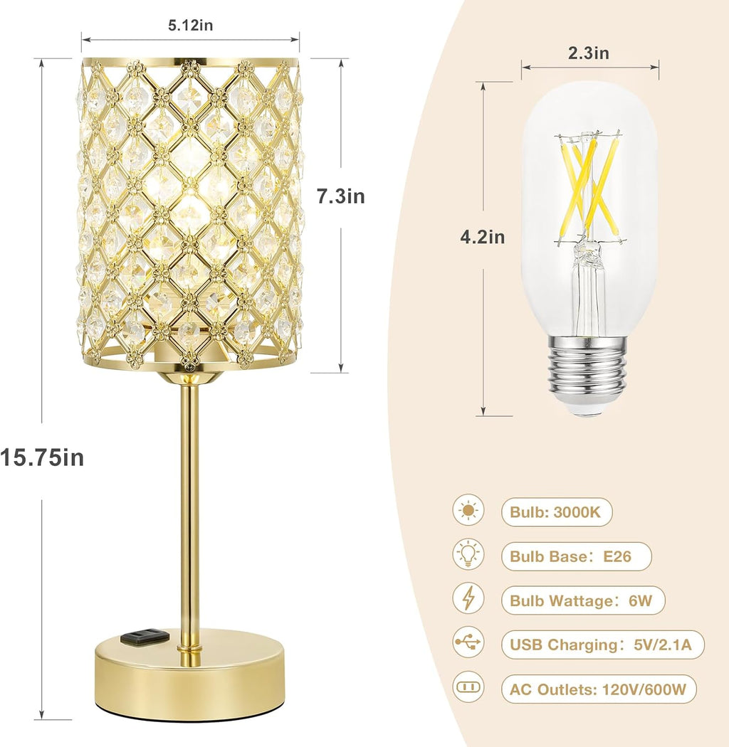 Hong-in Gold Lamps for Night Stands, Crystal Table Lamp with Touch Control