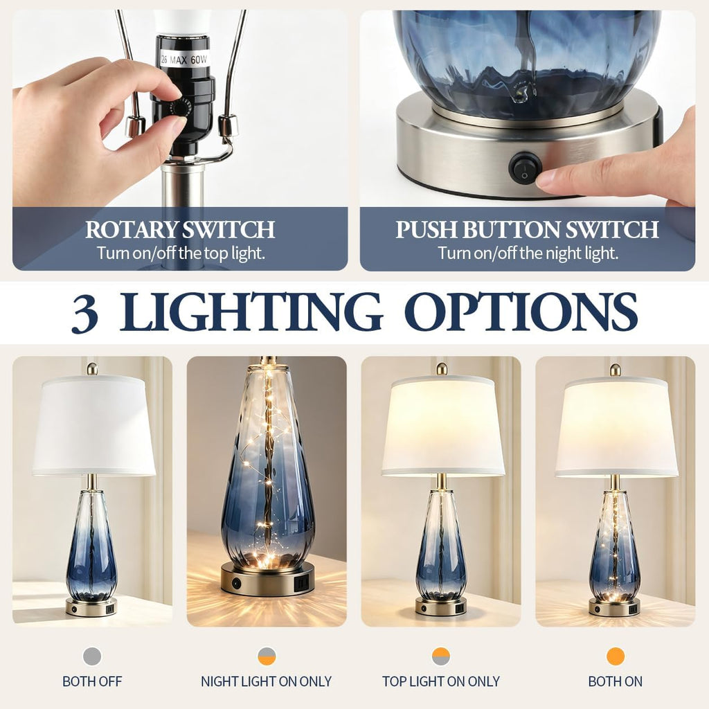 27'' Blue Table Lamps Set of 2, Large Glass Lamps, Modern Coastal Lamps