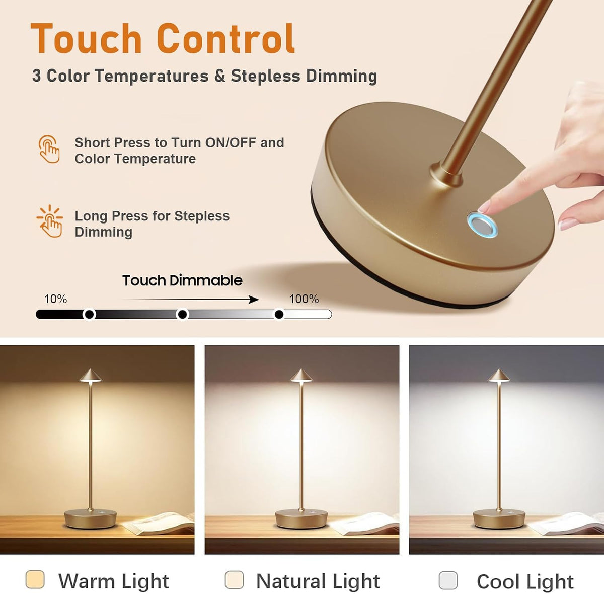 Cordless Rechargeable Led Table Lamp Battery Operated Light Bronze