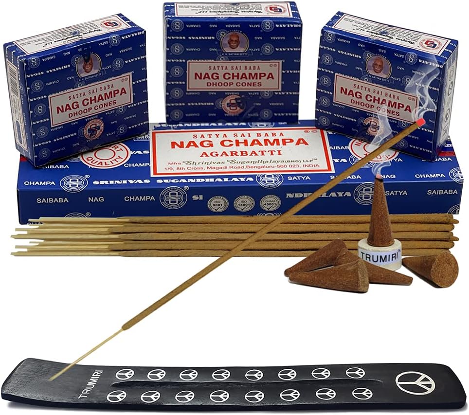 Nag Champa Incense Sticks 100g and Cones Variety Pack with Burner Holder Bundle from Satya Incense 100g Trumiri for Smudging and Aroma