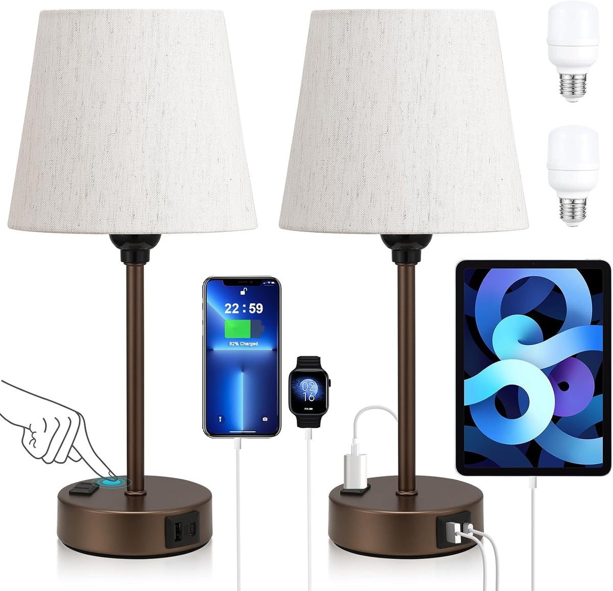 Brown Bedside Lamps Set 2 for Bedroom - Dimmable Touch, USB C+A, AC Outlet