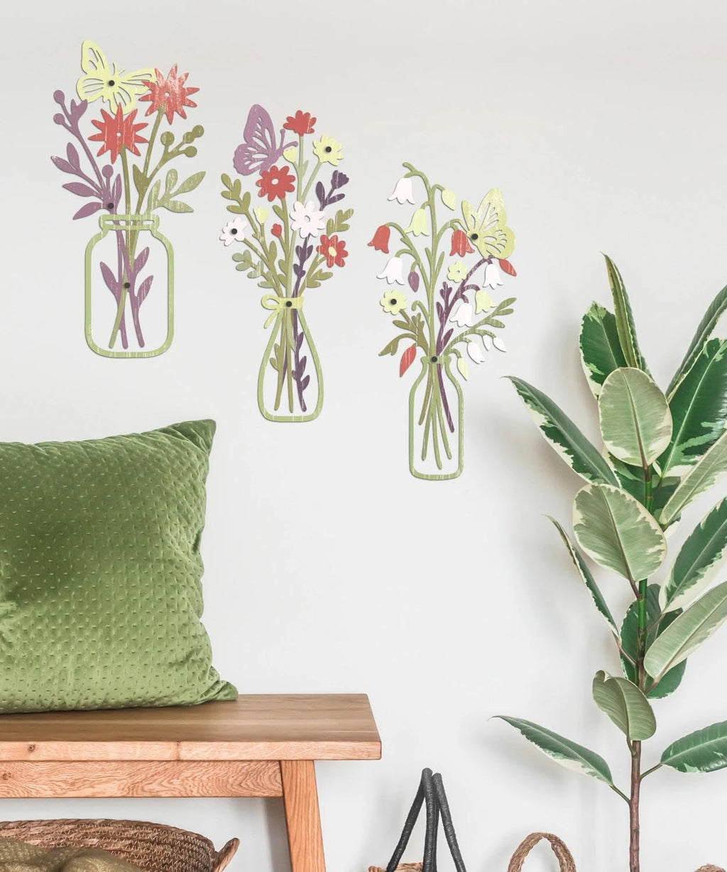Putuo Decor Metal Flower Wall Decor, 3PCS Minimalist Floral Wall Art with Butterfly, Boho Spring Wall Sculptures for Living Room Bedroom Bathroom Kitchen, Modern Colorful Metal Flowers Decorations