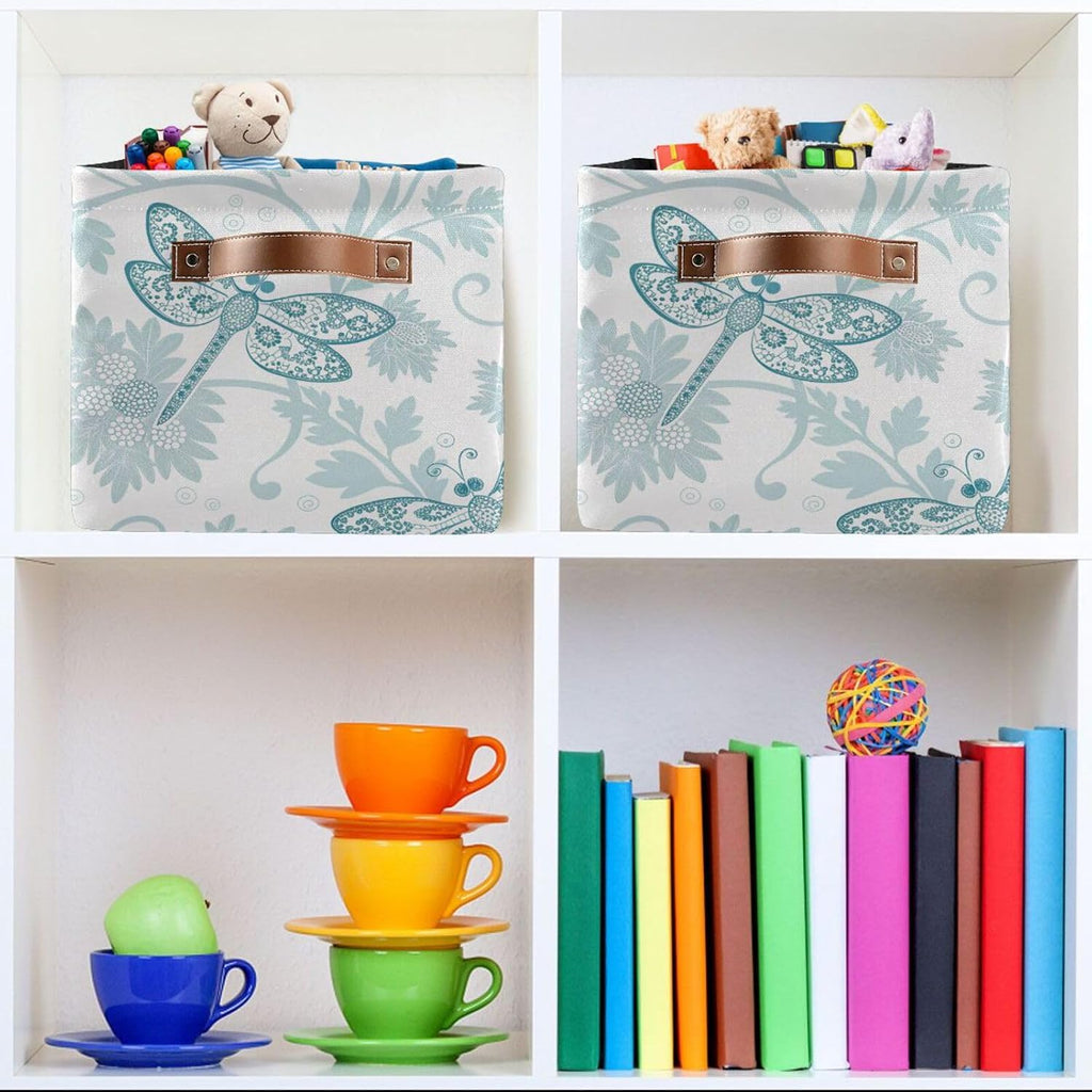 Foldable Storage Baskets Set of 2, Parsley Dragonfly Storage Bins with Handles, Decorative Cloth Organizer Storage Boxes for Home|Office 15 x 11 x 9.5 in