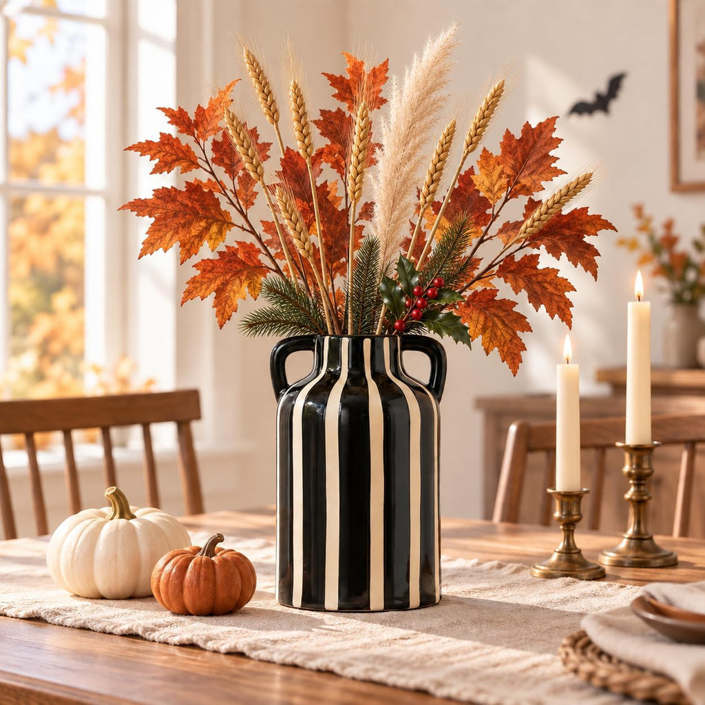 SURE YUESI Black Ceramic Vase with Handles, 9.1 Inch Striped Flower Vase for Halloween Decor, Modern Farmhouse Vase for Pampas Grass, Shelf Decor, Dining Table Centerpiece