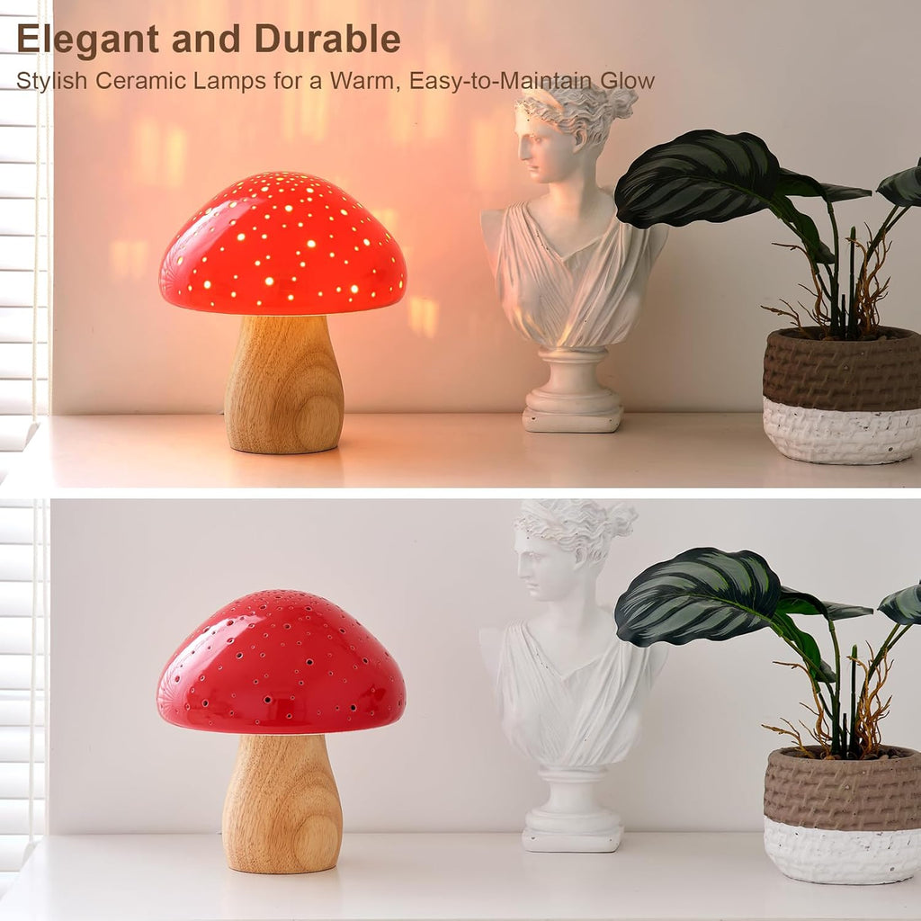 BOHON Mushroom Lamp Ceramic Bedside Table Lamp, Red