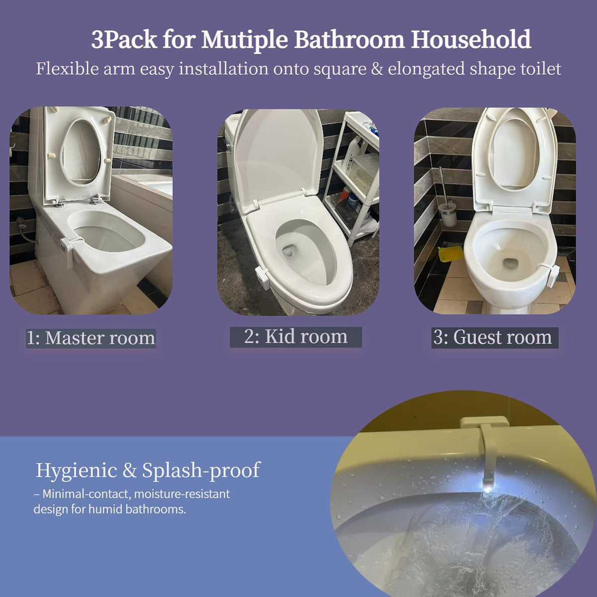 Chunace Toilet Bowl Night Light Motion Activated 3Pack, USB-C Rechargeable