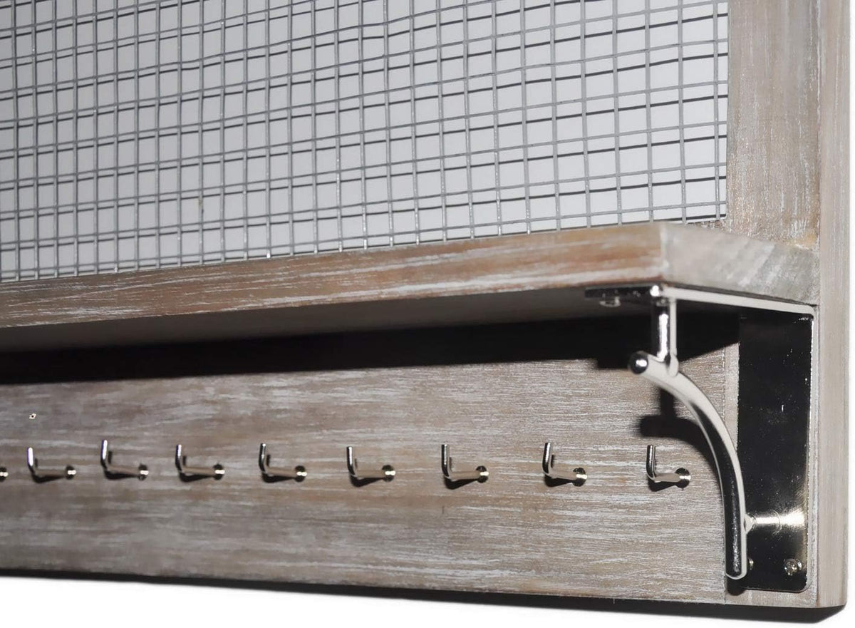 Wall Jewelry Organizer - Grey Wood Hanging Storage Rack with Hooks