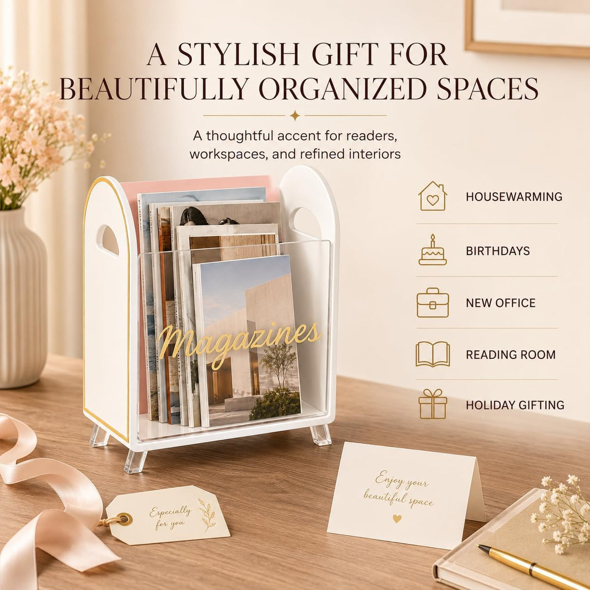 Khen Acrylic Magazine Rack Holder & Gold Trim - 12.40" x 10" x 4.49" - Crystal Lucite Clear - Shatterproof - Open Top - Space Saver - For Magazines, Publications, Office Desk, Reception, Waiting Room