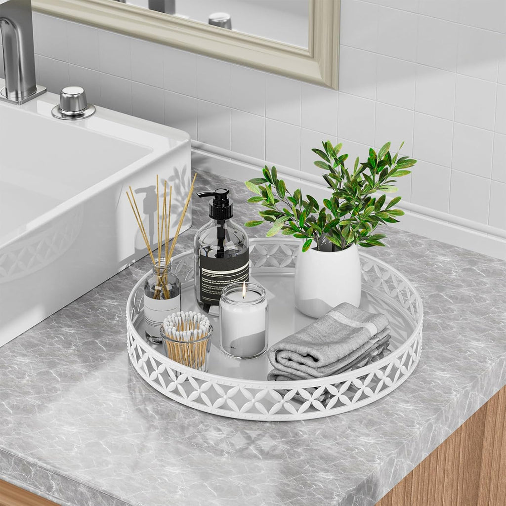 Vanity Tray for Bathroom Counter - 11 Inch Round White Decorative Tray