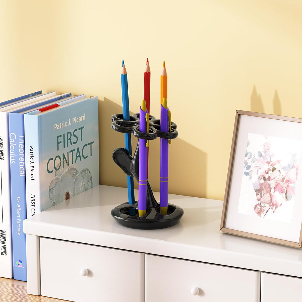 Flower Ceramic Tooth Brush Holders for Bathroom, Upgraded Large Slots Toothbrush Holder Organizer for Manual Brushes & Art Paintbrushes, Aesthetic Vanity Decor, Non-Tip Sturdy Base, 6 Slots （Black）