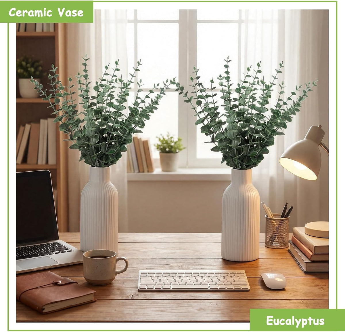 LemonRoad 2 Pack Artificial Eucalyptus Stem in Ceramic Vase 19" Fake Greenery Plants for Home Decor 40 Pcs Modern Indoor Fake Eucalyptus Stem for Table Centerpiece Living Room Bathroom