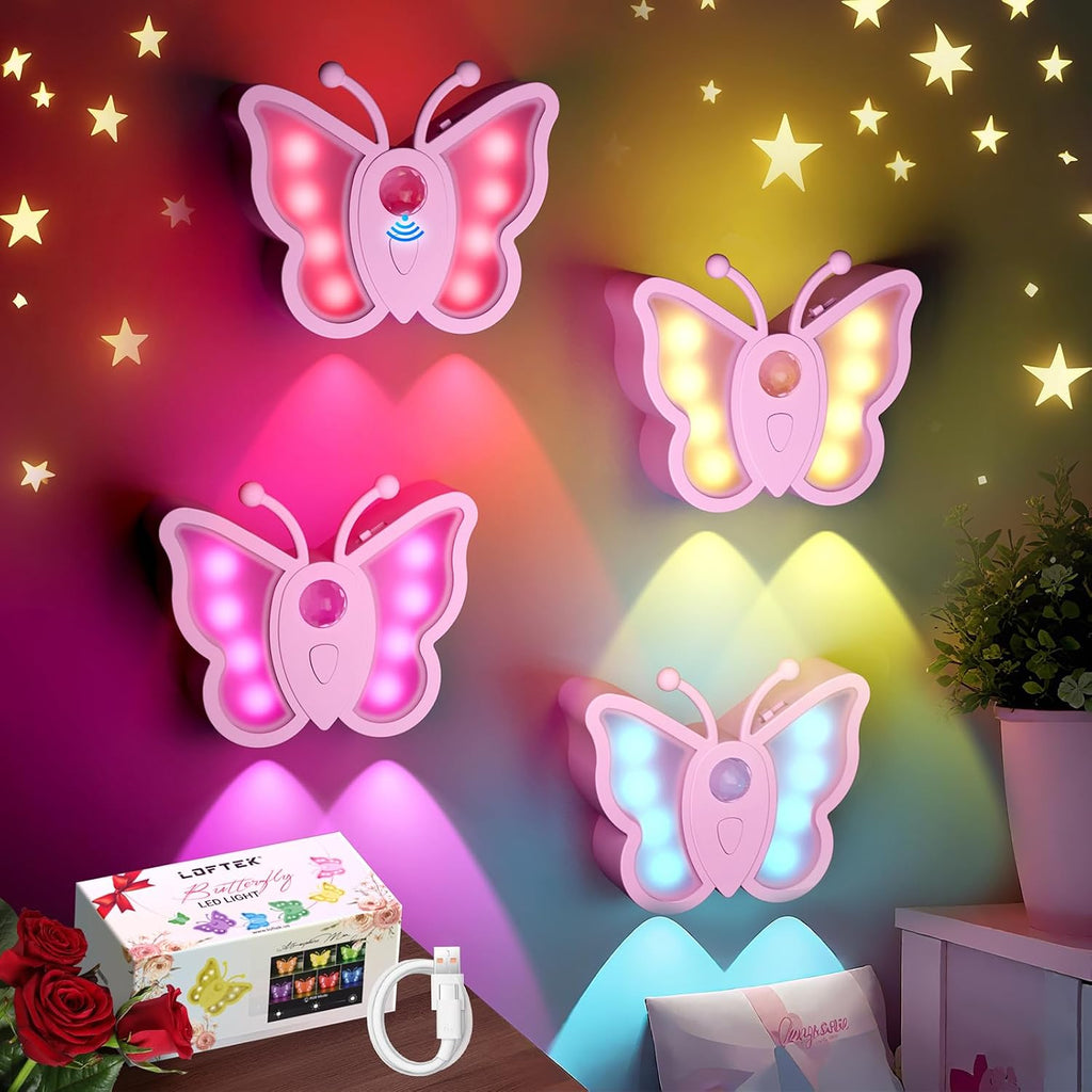 LOFTEK Motion Night Light, Rechargeable & Magnetic Butterfly Light, Pink,4P