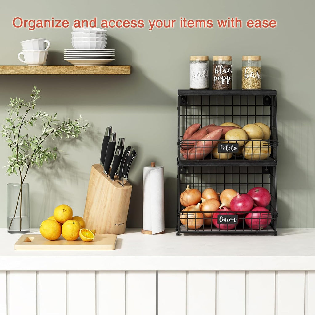 Goozii Black Kitchen Wall Hanging Storage Basket Set of 2, Rustic Stackable Kitchen Counter Fruit Organizer, Wire Baskets Container for Veggie, Garlic, Produce, Onion and Potato (Black Shelf)