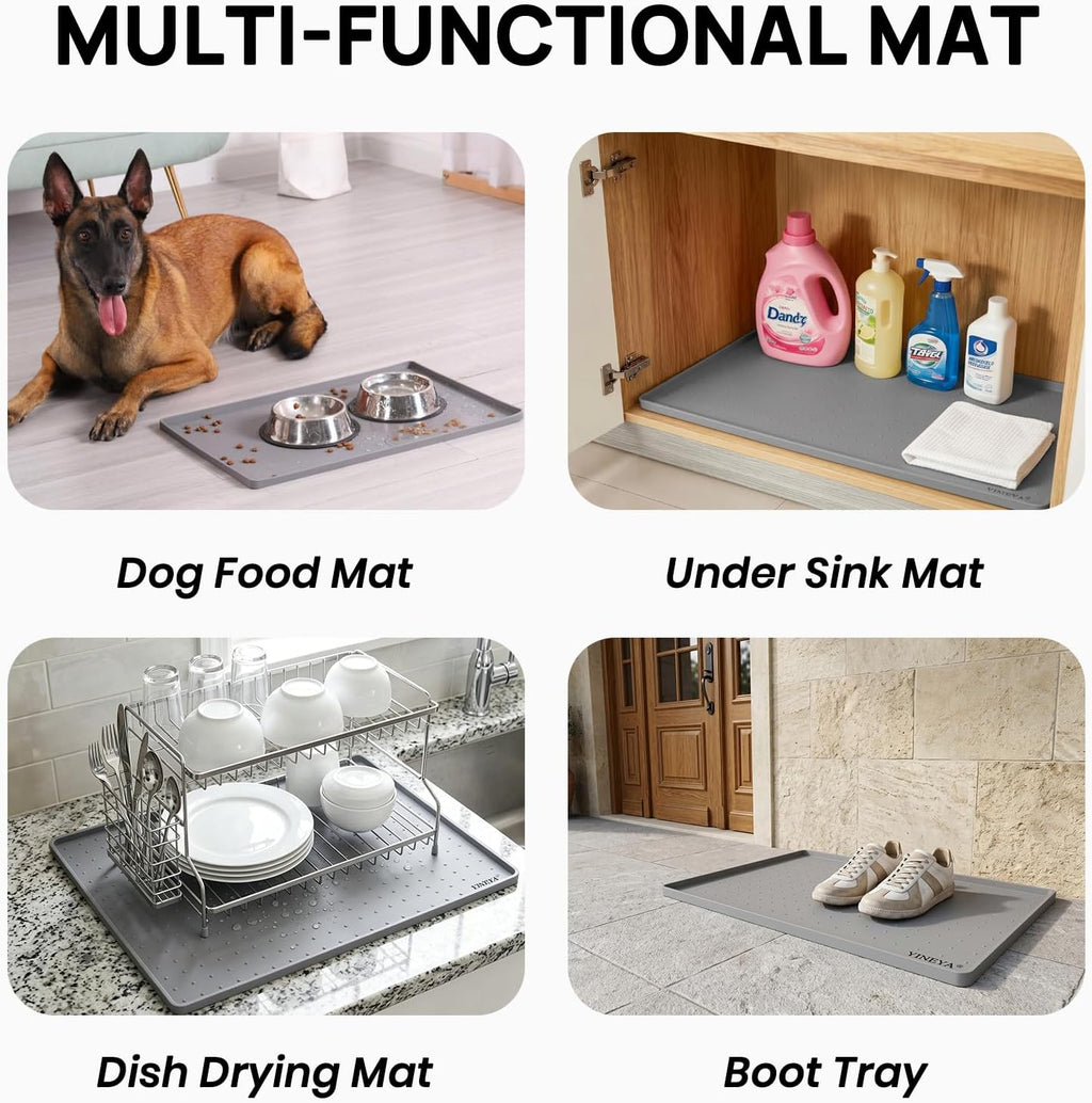 YINEYA 2 Pack Silicone Dog & Cat Food Mat Waterproof 18" x 12", Raised Edge Dog Bowl Mat for Food and Water, BPA-Free Non-Slip Pet Feeding Mats for Floors, Multifunctional Silicone Mat (Gray)