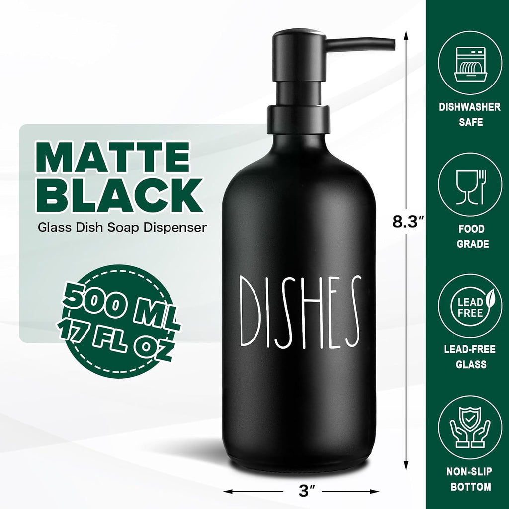 VIMERPA Dish Soap Dispenser, Matte Black Soap Dispenser for Kitchen, Glass Dishes Soap Dispenser with Plastic Pump, 17 Fl Oz Refillable Liquid Soap Bottle Container, Farmhouse Kitchen Decor
