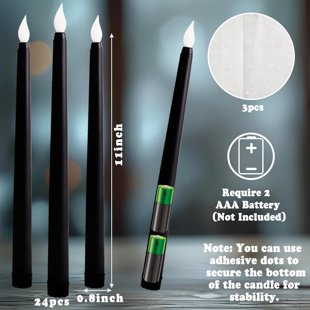 24Pcs Halloween Black Flameless Taper Candles - Battery Operated 2 AAA Long Decor for Table Decorations (No Remote)