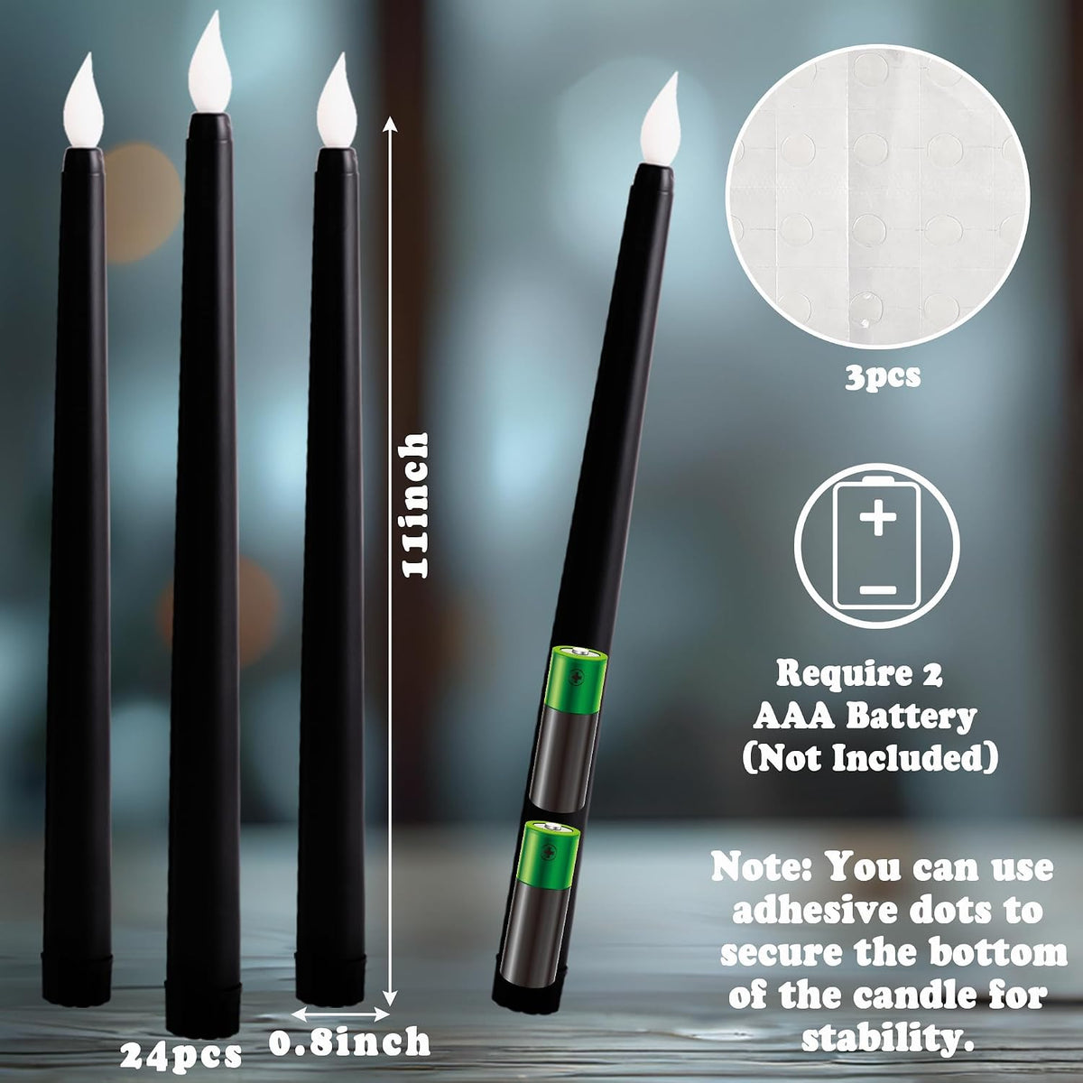 24Pcs Halloween Black Flameless Taper Candles - Battery Operated 2 AAA Long Decor for Table Decorations (No Remote)