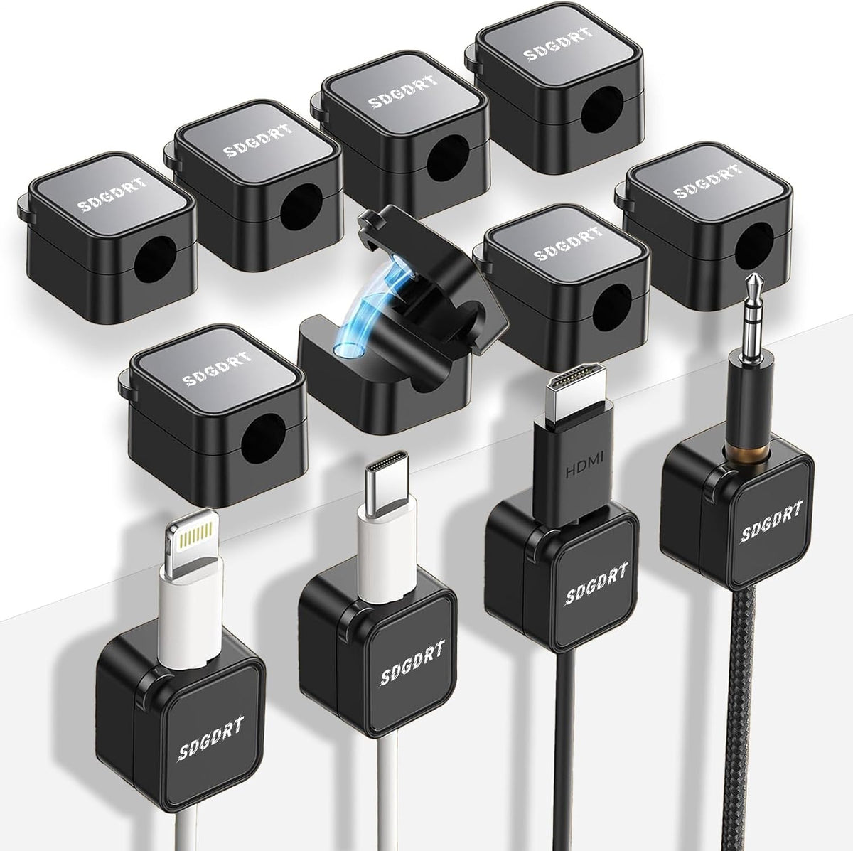 12 Pack Mini Magnetic Cord Holder, Residue-Free Self Adhesive Auto-Lock Cable Clips, Reusable Wire Keeper for Desktop, Car, Nightstand, Charging & Earphone Wires, Black Cable Organizer Clips