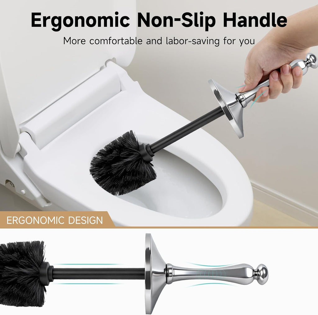 Silver Toilet Brush and Holder，Extra Long Handled Toilet Brush for Bathroom，Stainless Steel Heavy Duty Toilet Bowl Brush,Deep Cleaning Modern Toilet Cleaner Brush -Space Saving, Covered Brush