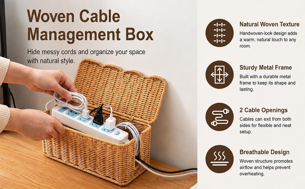 Cable Management Box, Handmade Scalloped Rattan Cable Organizer
