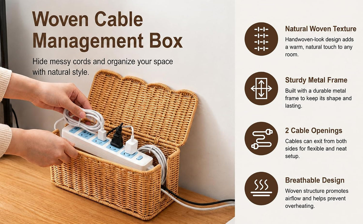 Cable Management Box, Handmade Scalloped Rattan Cable Organizer