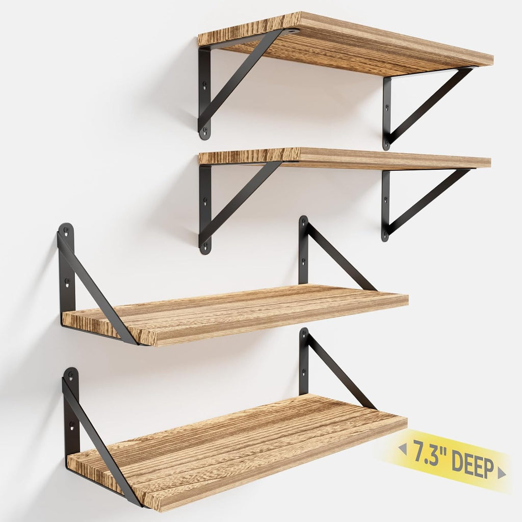 COCOYA Wall Shelves 7.3" Deep Solid Paulownia Wood (Light Brown, Set of 4)