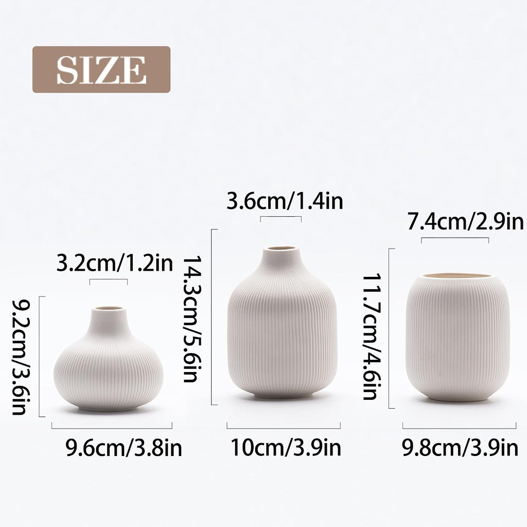 White Ceramic Vases for Decor, 3 Set Small Modern Minimalist Ribbed Vases Decorative for Table Shelf Decor Bookshelf Decoration Vase