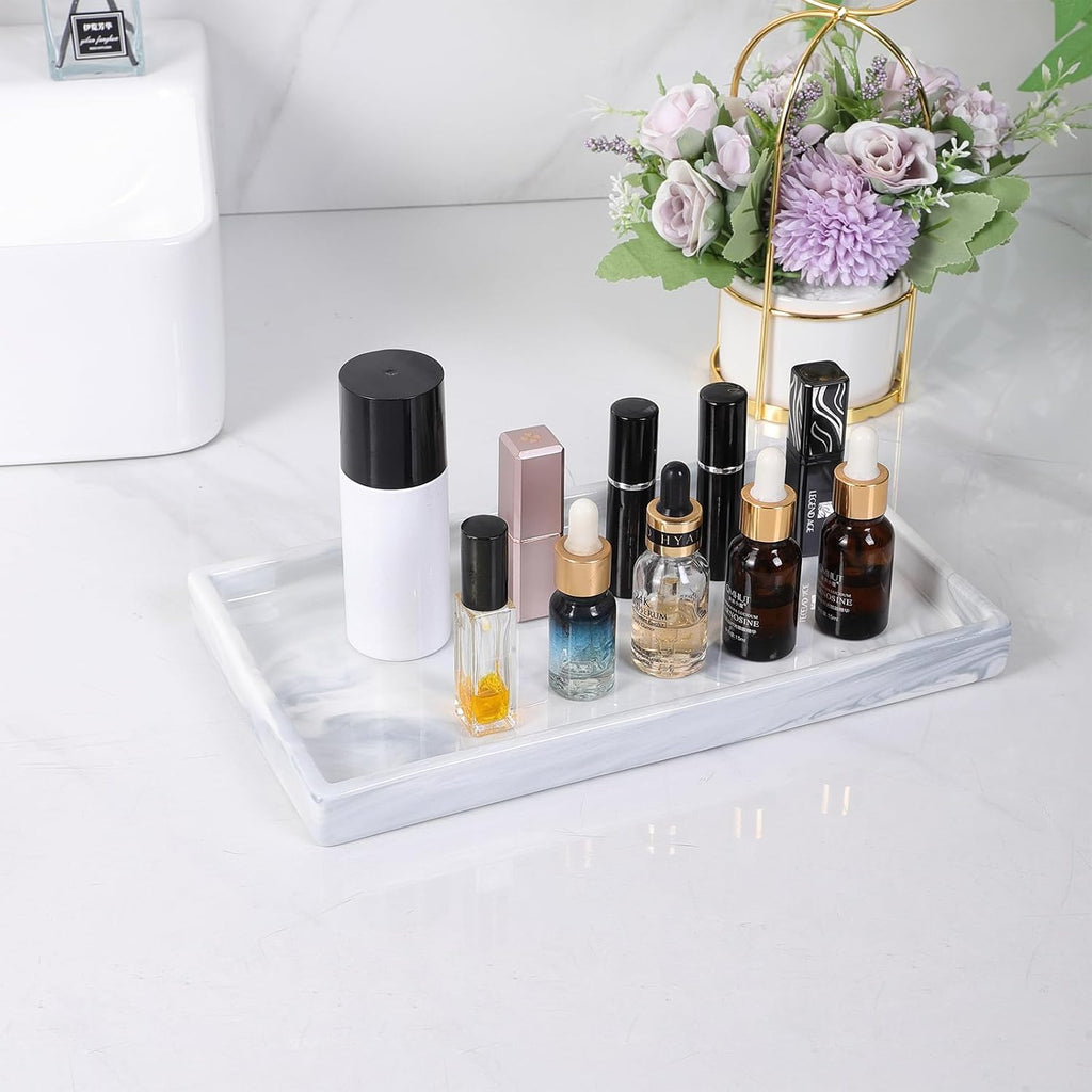 Bathroom Vanity Tray - 11'' Ceramic Rough-Textured Rectangle Countertop Tray, Heavy-Duty Organizer Plate for Perfume, Jewelry, Candles, Soap Dispenser, Kitchen Decorative Trays, Marble White