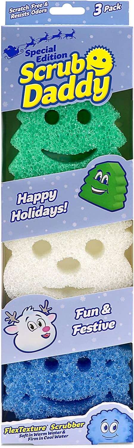 Scrub Daddy Sponge Set - Holiday Shapes - Non Scratch Scrubbers for Dishes and Home, Odor Resistant, Temperature Controlled, Soft in Warm Water, Firm in Cold, Deep Cleaning, (3 Count (Pack of 1))